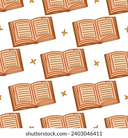 Patrón sin foco. Libro abierto con estrellas. Ilustración de doodles vectoriales coloridos. Libro de recetas o diario personal. Leyendo, estudiando el elemento dibujado a mano. Imprimir para envolver o tejido. Fondo blanco