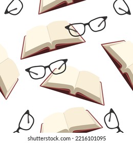 Seamless pattern of an open book,glasses on a white background.Vector pattern for educational designs, bookstores.