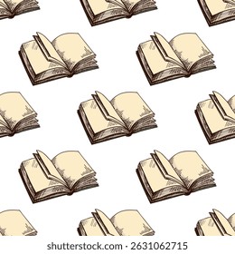 Padrão contínuo de livros abertos com páginas em branco no estilo de gravação desenhado à mão. Ilustração de esboço vintage com textura de papel bege. Perfeito para projetos educacionais, papel de embrulho, design de biblioteca.