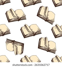 Seamless pattern of open books with blank pages in hand drawn engraving style. Vintage sketch illustration with beige paper texture. Perfect for educational projects, wrapping paper, library designs.