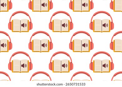 Seamless pattern with open books and headphones. Audiobook symbol in repeating design on white background. Ideal for educational and media themes.