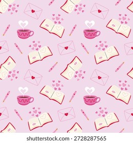 Patrón sin fisuras con libros abiertos, cartas, tazas de té, café, bolígrafos, cuadernos sobre fondo rosa. Diseño de Vector para el día de San Valentín