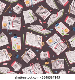 Seamless pattern with open books, notebooks, stationery. Flat design school background for textile, wallpaper, wrapping paper, school supplies. Ideal for decor, educational material and product design