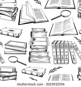 Seamless pattern with open books and pile of books. Black and white vector illustration.