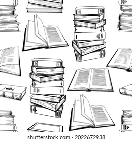 Seamless pattern with open books and stack of books. Black and white vector illustration.