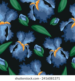 seamless pattern with open buds of blue irises, green leaves and closed buds on black background, for textile or wrapping or fabric