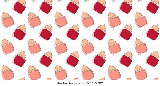 Seamless pattern of open cans with face creams drawn in one line with colored substrates on a white background. Vector.