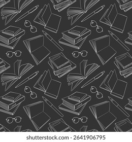Seamless pattern with open and closed books, pens, pencils and glasses. Vector outline background drawn with doodle elements. For back to school theme, library, wrapping paper, wallpaper.