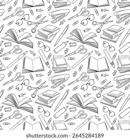 Seamless pattern with open and closed books, pens, pencils and glasses. Vector outline background drawn with doodle elements. For back to school theme, library, wrapping paper, wallpaper.
