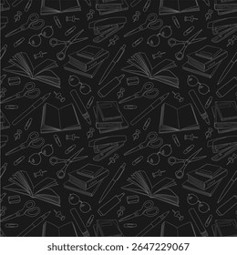 Seamless pattern with open and closed books, pens, pencils and glasses. Vector outline background drawn with doodle elements. For back to school theme, library, wrapping paper, wallpaper.