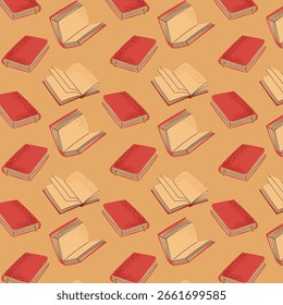 Nahtloses Muster aus offenen und geschlossenen Büchern auf warmem Hintergrund. Flaches Cartoon-Design, perfekt für Projekte in den Bereichen Schule, Lesen, Bildung und Herbst.
