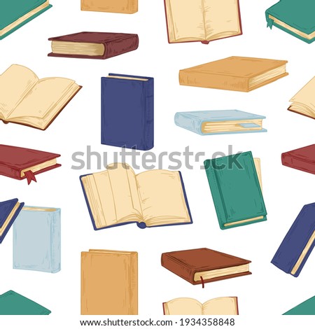 Seamless pattern with open and closed books on white background. Endless library texture with textbooks for printing or decoration. Hand-drawn colored vector illustration in retro style