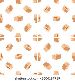 Seamless pattern of open and closed cardboard boxes rotating on white background