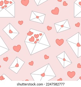 Seamless pattern of open and closed love letters with hearts and small hearts on a pink background in kawaii style.