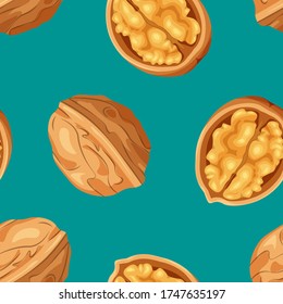 Seamless pattern of open and closed walnut on white background. Whole and half nut icon. Food concept for template label, packing and emblem farmer market design. Vector illustration in a flat style.