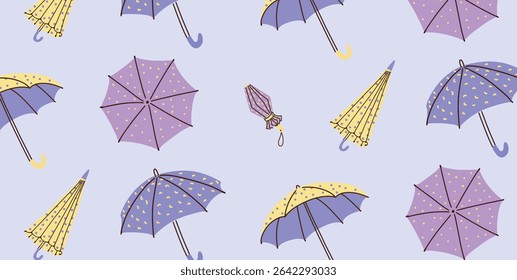Seamless Pattern with Open and Closed Yellow and Purple Umbrellas. Hand Drawn Flat Vector Illustration for Monsoon Season. Repeating Design for Wrapping Paper, Fabric, Background Use.