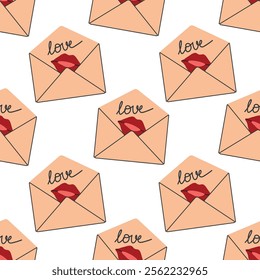 Seamless pattern with open envelope with love lips. Illustration for Valentine's Day card, poster, decoration, printing on phone cases, fabrics, paper, wallpaper