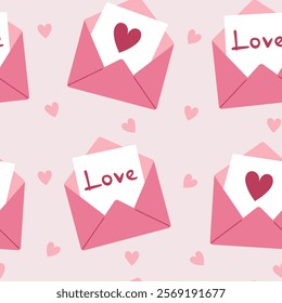 Seamless pattern with open envelope and paper with a heart and love handwritten text inside. Valentine’s Day pink background. Valentines or letter theme wallpaper. Vector illustration in flat style.