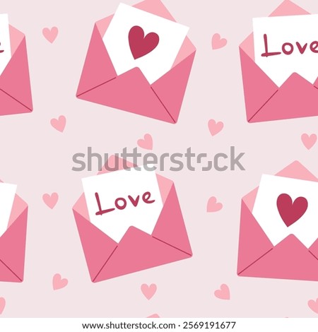 Seamless pattern with open envelope and paper with a heart and love handwritten text inside. Valentine’s Day pink background. Valentines or letter theme wallpaper. Vector illustration in flat style.