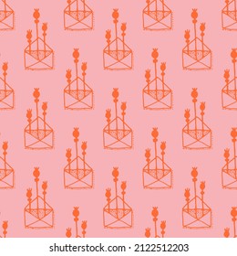 Seamless pattern with open envelopes and flowers peeking out of them. Suitable for e-mail background or as a print on wrapping paper. Pink and red colors, vector