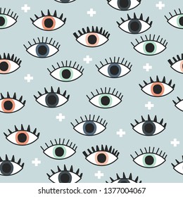 Seamless pattern with open eyes and cross. Vector hand drawn illustration.