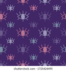 Seamless pattern with open eyes different color on a purple background. Colorful print, suitable as wrapping paper or fabric. Cartoon vector illustration