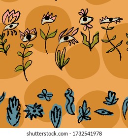 Seamless pattern with open eyes, flowers. Self-development concept. Flat hand drawn illustration. Abstract textured background.