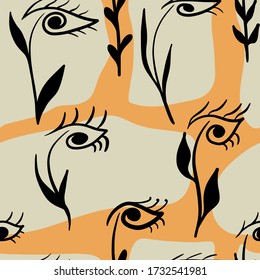 Seamless pattern with open eyes, flowers. Self-development concept. Flat hand drawn illustration. Abstract creative background.