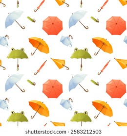 Seamless pattern with open and folded umbrellas of different colors for protection from rain. Waterproof umbrellas with handles, pattern of umbrellas of different designs. Spring time, rainy weather.