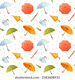 Seamless pattern with open and folded umbrellas of different colors, raindrops. Waterproof umbrellas with handles, pattern of umbrellas of different designs. Spring time, rainy weather.