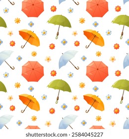 Seamless pattern with open and folded umbrellas of different colors and flowers. Waterproof umbrellas with handles, pattern of umbrellas of different designs. Spring time, rainy weather.