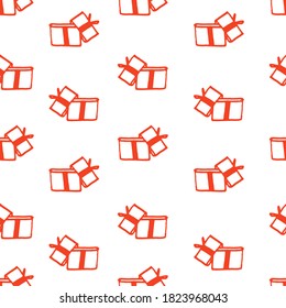 seamless pattern with open gift box icon isolated on white background. thin red outline box, hand drawn vector. doodle christmas gift for kids, wallpaper, fabric, backdrop, wrapping paper and gift.