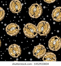 Seamless pattern with open halves of walnuts and snowflakes. Hand drawn colored sketch. On black background.