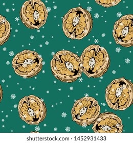 Seamless pattern with open halves of walnuts and snowflakes. Hand drawn colored sketch. On black background.