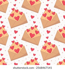 Seamless pattern of an open letter with hearts. Fabric texture for Valentine's day, background with letters and hearts. Romantic vector background for Valentine's day.