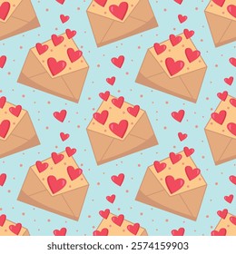 Seamless pattern of an open letter with hearts. Fabric texture for Valentine's day, background with letters and hearts. Romantic vector background for Valentine's day.