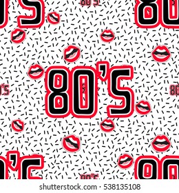 Seamless pattern with open mouth and 80s label. Cute vector art in badges, stickers, pins, patches style, inspired by cartoon comic style of 80s-90s.