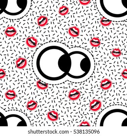 Seamless pattern with open mouth and beholder eyes. Cute vector art in badges, stickers, pins, patches style, inspired by cartoon comic style of 80s-90s.
