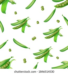 Patrón sin foco de la vaina abierta de guisantes verdes con guisantes. Ilustración vectorial aislada en fondo blanco. Textura para tejidos, textiles, menús, embalajes, sitios web, etc.