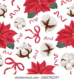 seamless pattern with open red poinsettia buds and various ribbons and cotton flowers, for holiday packaging, textiles or printing