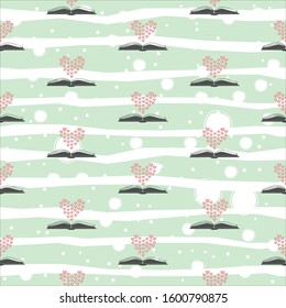 Seamless pattern with open romance genre book and heart above it. Flat Design. Vector Illustration 