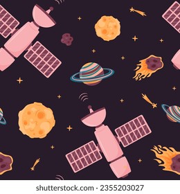 Seamless pattern of open space with the moon, shooting stars, meteorites, space stations, planets with rings. Space travel. Cosmic children's background. Vector illustration.