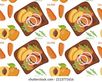 Seamless pattern with open Toast with peach fruits, smoked salmon, purple onion rings, arugula. Ingredients for toast preparation with inscriptions. Print for wallpaper, wrapping, textile, packaging.