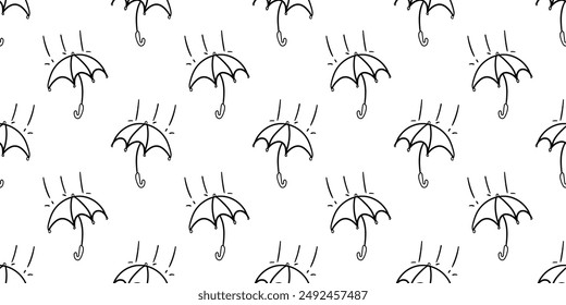 Seamless pattern with open umbrella in the rain hand drawn doodle outline vector