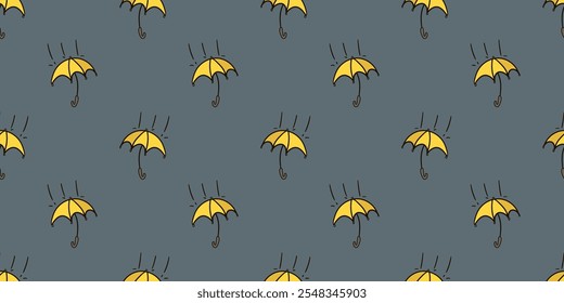 Seamless pattern with open umbrella in the rain doodle vector