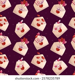 Seamless pattern with open Valentine's day love letters on a burgundy background, the concept of romance, love. Vector illustrations for posters, banners, postcards, invitations and covers.