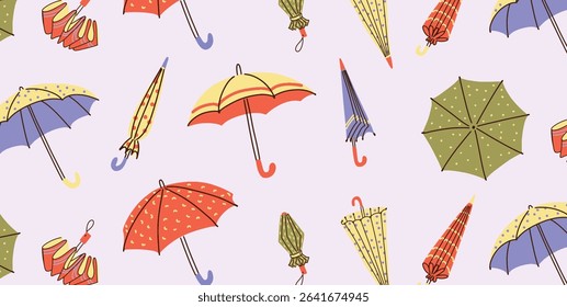 Seamless Pattern of Opened and Folded Colorful Umbrellas in Hand Drawn Style. Monsoon Season Concept. Repeating Vector Illustration for Wrapping Paper, Textile, Poster, Background Design.