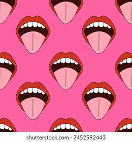 Seamless pattern opened mouth with tongue on a pink background. Pop style.
