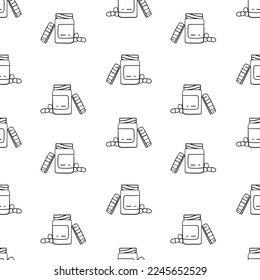 Seamless pattern with opened pill bottle hand drawn doodle outline vector