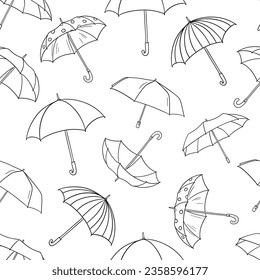 Seamless pattern with opened umbrella. Vector monochrome endless background